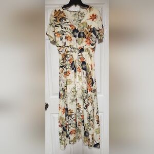 Boho Floral Maxi Dress Large Beige Rayon Button Up Tassel Prairie Cottagecore